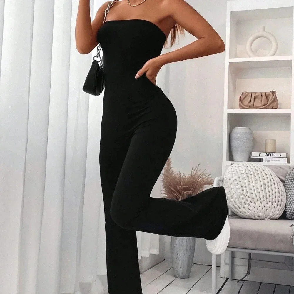 Black Casual Women's Solid Flare Leg Tube Jumpsuit